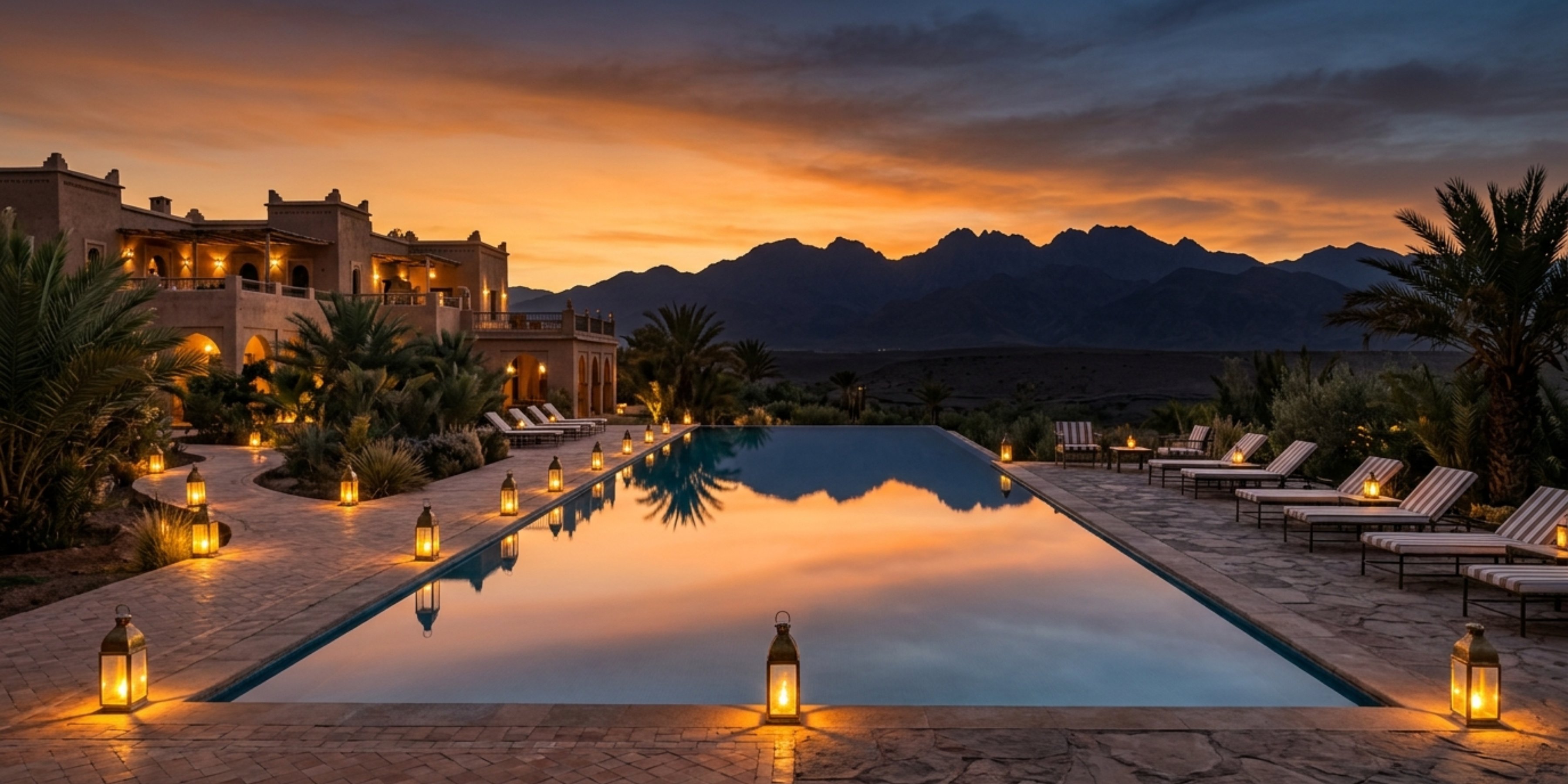 Infinity pool at twilight with lanterns and Atlas Mountains