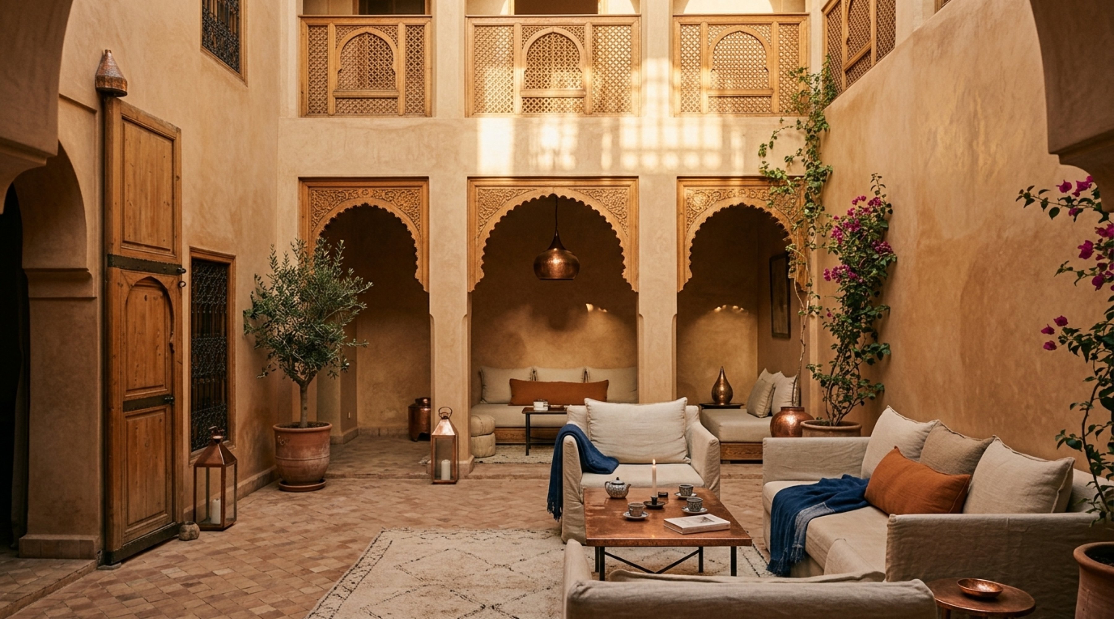 Riad courtyard interior at golden hour, carved arches and natural linen textures