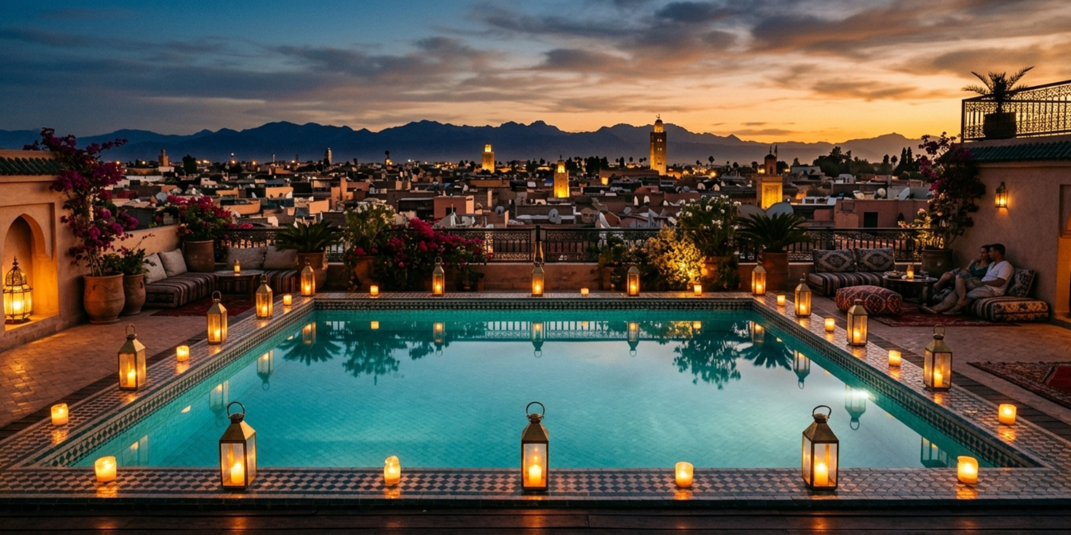 Rooftop riad with pool overlooking the medina skyline at sunset
