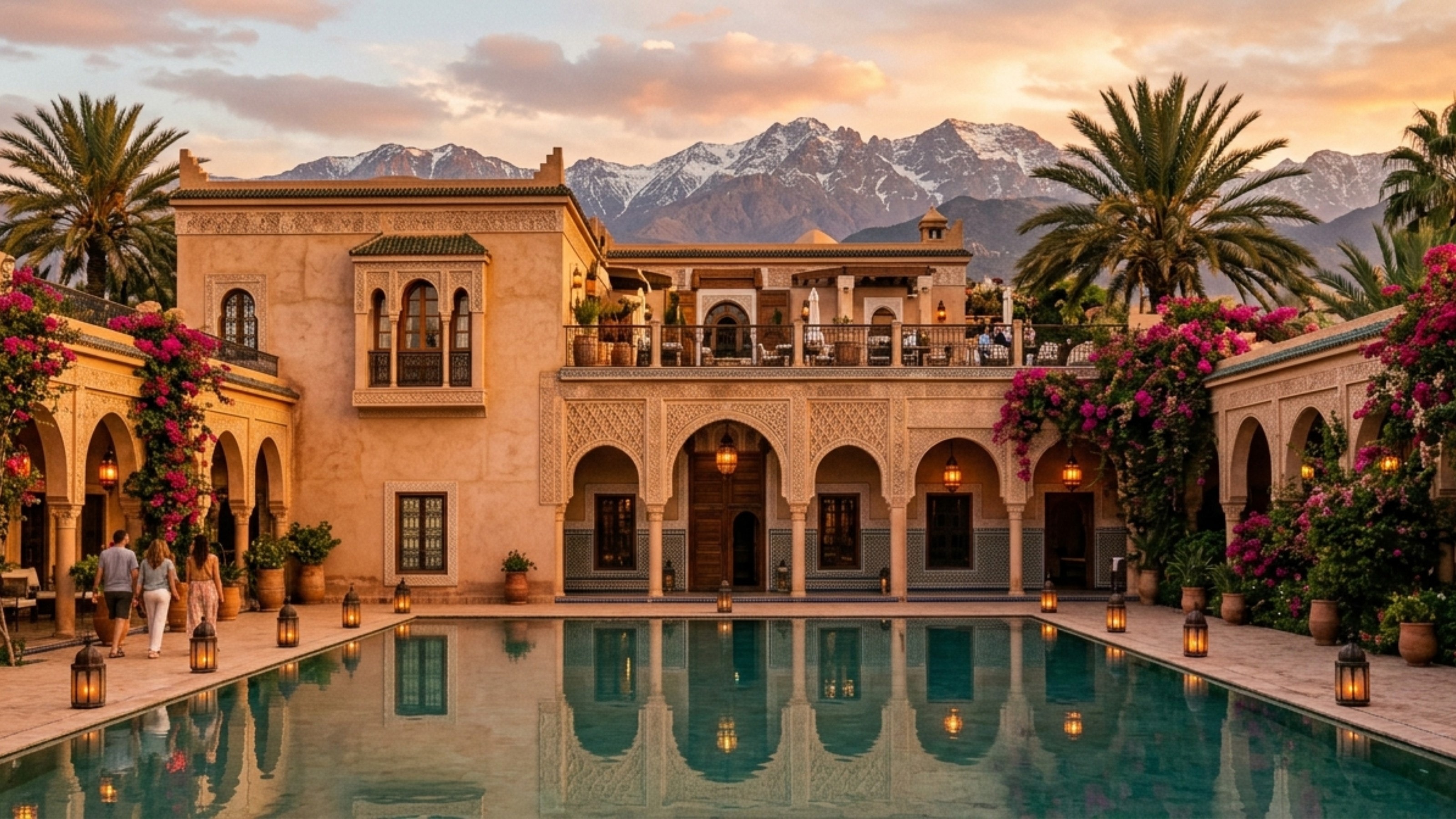 Moroccan riad with pool overlooking the Atlas Mountains at sunset