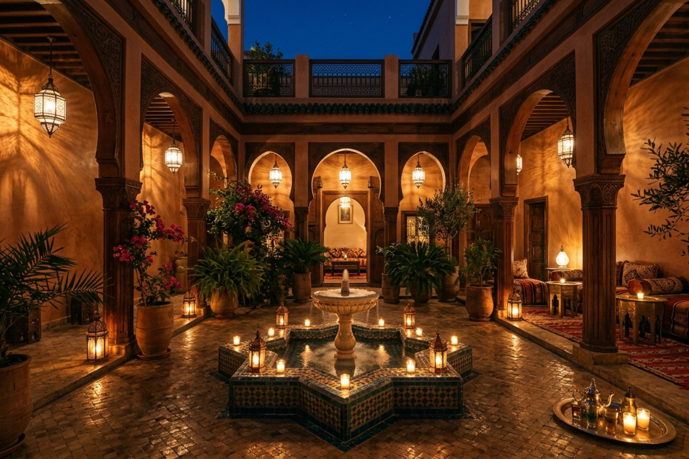 Candlelit Moroccan riad courtyard with fountain at dusk